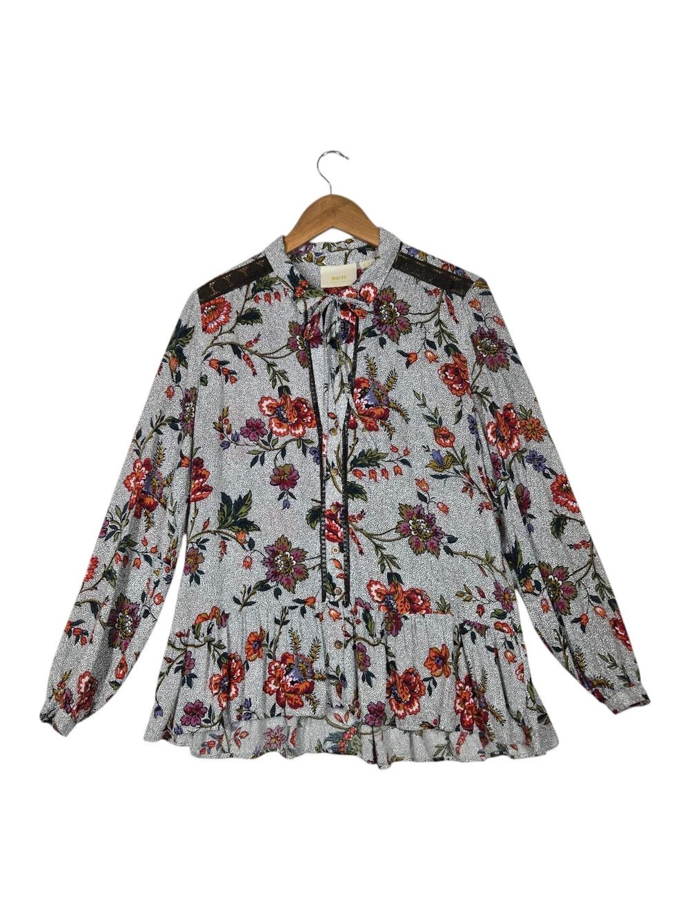 Maeve Janie Flounced Peasant Blouse Top 10 Multi Ruffle Button Front Keyhole Tie